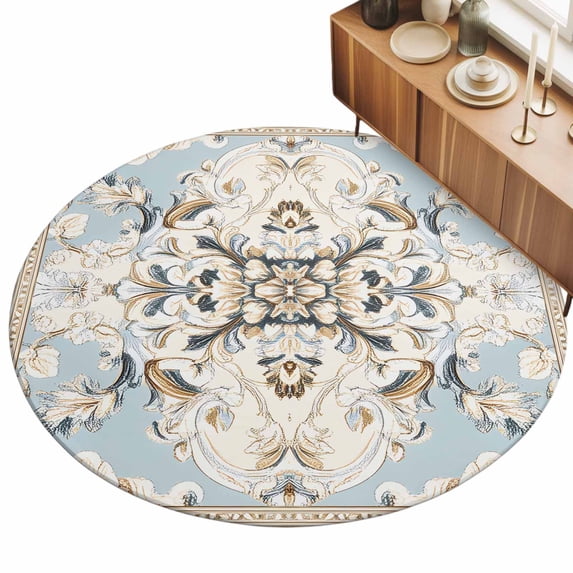 Bohemia Area Rug, Vintage Boho Ethnic Farmhouse Blue Flower Pattern Non ...