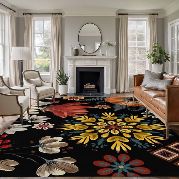 Bohemia Area Rugs 8'x10', Washable Small Throw Rugs for Living Room Patio, Vintage Boho Floral Flowers Leaves Plants Black Indoor Outdoor Rug Non-Slip Low Pile Carpet Runner Reversible Floor Mats