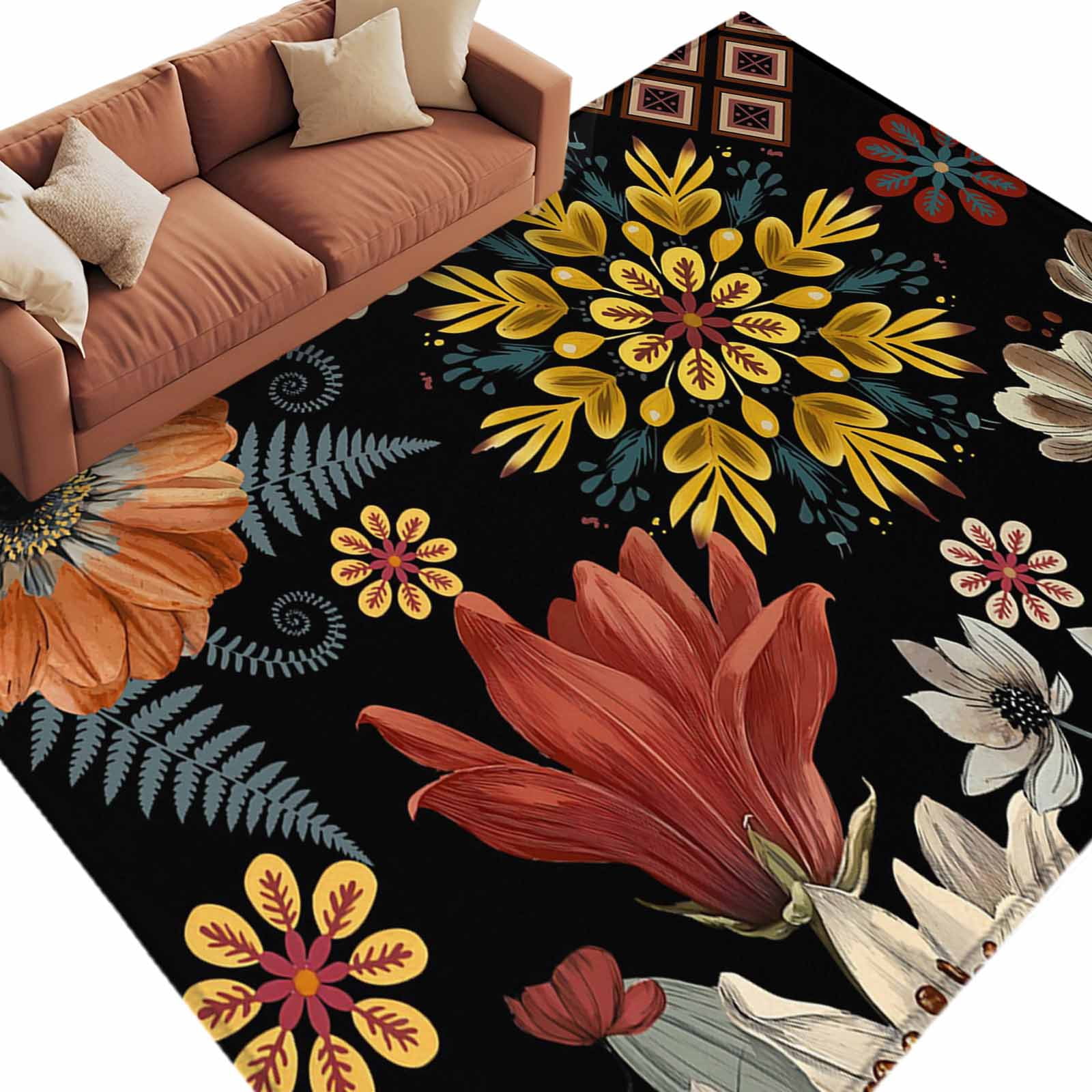 Bohemia Area Rugs Collection 6'x9', Vintage Boho Floral Flowers Leaves ...