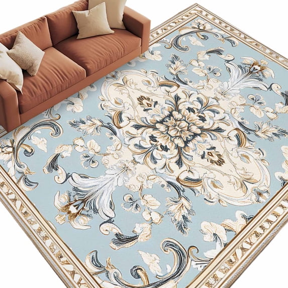 Bohemia Area&nbsp;Rug 5x7ft Vintage Boho Ethnic Farmhouse Blue Flower Pattern Non-Slip&nbsp;Washable Square&nbsp;Rugs Soft Felt Indoor Floor Mat for Bedroom Kitchen Living Room Bathroom