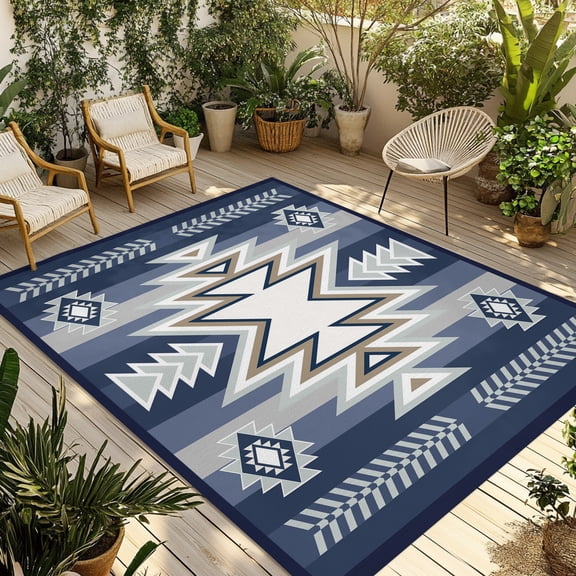 Bohemia Aztec Outdoor Rug 5x8 ft Blue Geometric Country Farmhouses Tribe Non Slip Patio Rug Washable Absorbent Large Outdoor Carpet Outside Mat for Porch RV Garden Camping