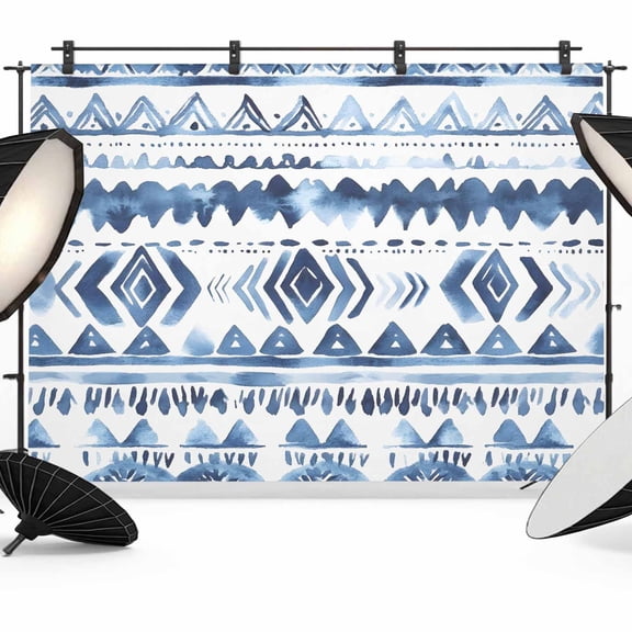 Bohemia Backdrop for Photography, Blue Abstract Retro Striped Pattern Ethnic Style Photo Backdrop Portrait Background Party Banner Photo Backgrounds for Studio Booth Props, 10x8ft