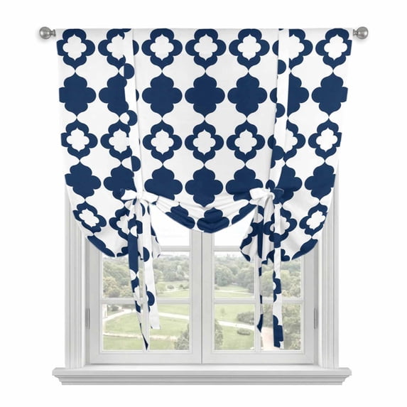 Bohemia Balloon Curtains for Living Room/French Door, Minimalist Geometric Pattern Abstract Dark Blue Tie Up Curtains 63 Inch Length Energy Saving Kitchen Curtains Shades for Windows 42"x63"