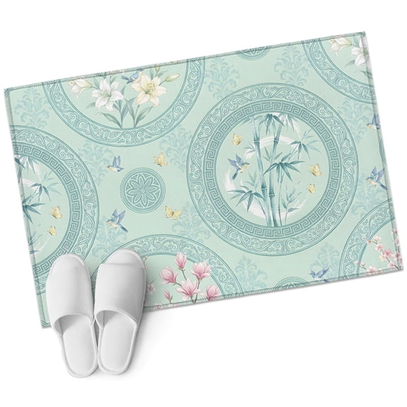 Bohemia Bathroom Rug Washable 2x3 Entryway Rug Non Slip Watercolor Floral Botanical Boho Mint Green Front Door Mat Low Pile Indoor Doormat Throw Floor Carpet for Kitchen Bedroom Entrance