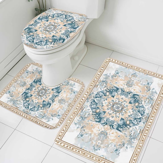 Bohemia Bathroom Rugs Set Blue Vintage Boho Ethnic Farmhouse Flower Pattern Non Slip Absorbent Soft Bath Mats 3 Piece Set with Bathroom Rug, U-Shaped Floor Mat, Toilet Seat Cover Small Size