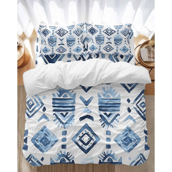 Bohemia Bedding Duvet Cover Set Queen Size 4 Pieces Blue Argyle Abstract Geometric Texture Ethnic Style Bedding Set with Zipper Closure, 1 Comforter Cover 90x92 Inches 1 Flat Sheet & 2 Pillow Cases