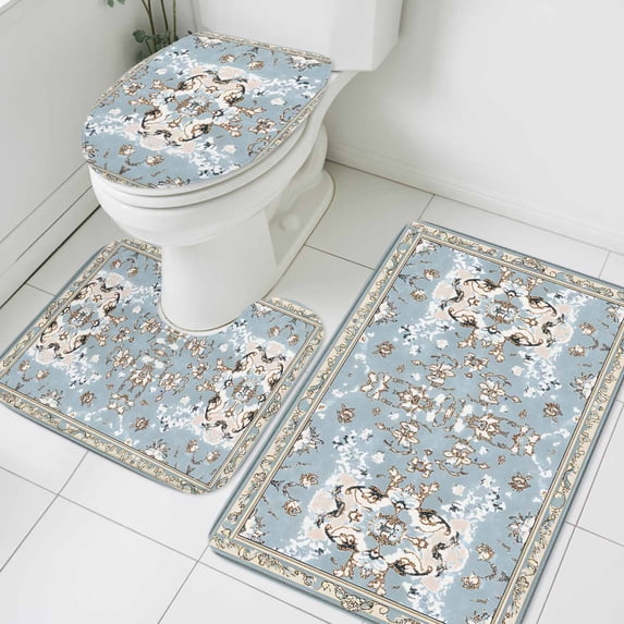 Bohemia Blue Bathroom Rugs Set Retro Boho Ethnic Farmhouse Flower Pattern Non Slip Absorbent Soft Bath Mats 3 Piece Set with Bathroom Rug, U-Shaped Floor Mat, Toilet Seat Cover Large Size