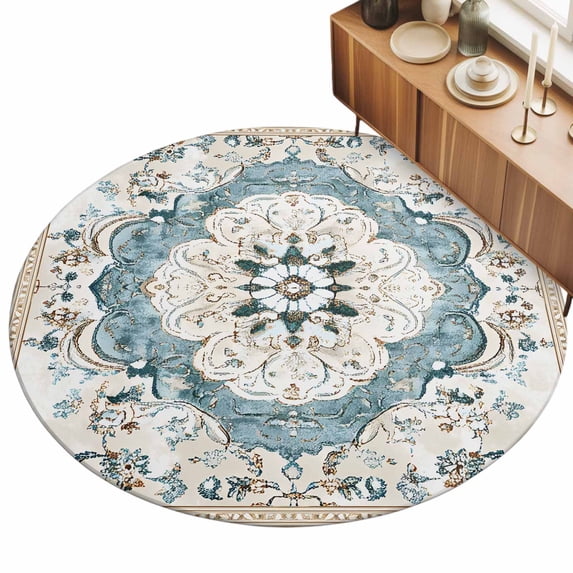 Bohemia Blue Flower Area Rug, Blue Retro Boho Ethnic Farmhouse Floral ...