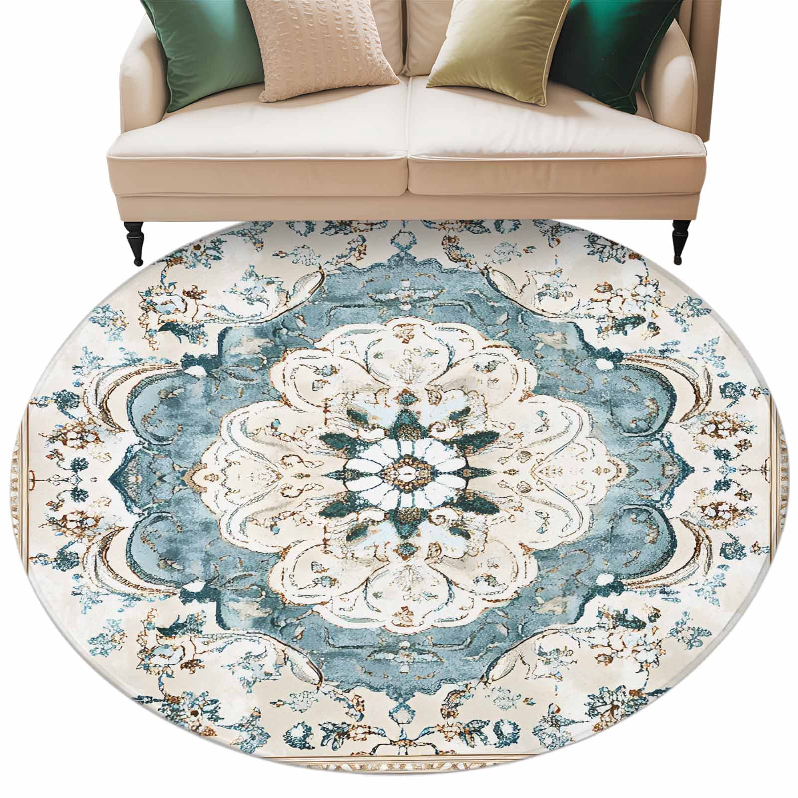 Bohemia Blue Flower Round Area Rug 8ft Blue Retro Boho Ethnic Farmhouse ...