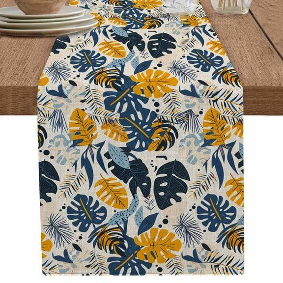Bohemia Blue Yellow Leaves on Linen Table Runner-70 Inch Long Retro Botanical Table Runners Linen Burlap Tablerunner for Kitchen Dining Room Holiday Party