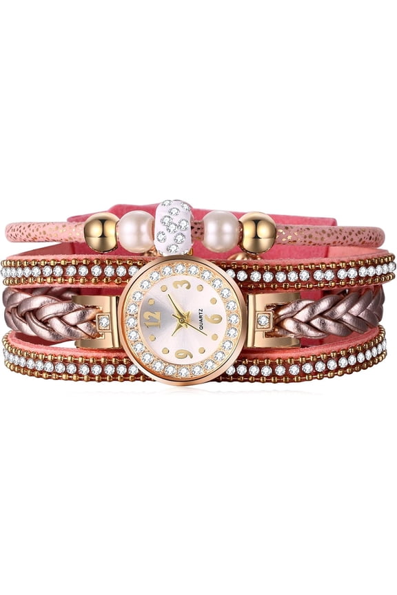 Bohemia Bracelet Watch Multilayer - Leather Wrap Rhinestone Quartz Watch for Women