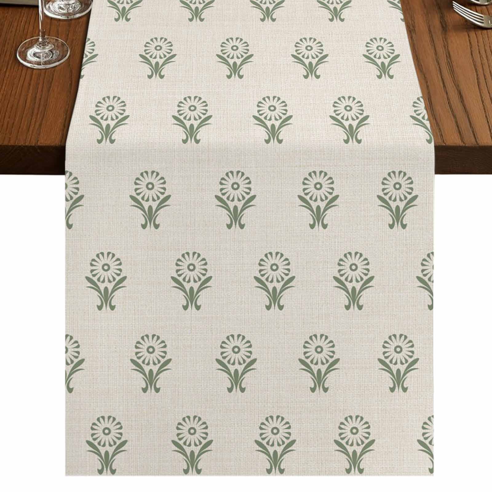 Bohemia Burlap Cotton Table Runner 13x120 Inches Long, Green Flowers Abstract Boho Beige Farmhouse Table Runners, Outdoor Dining Tablecloths Decor for Baby Shower/Party/Wedding