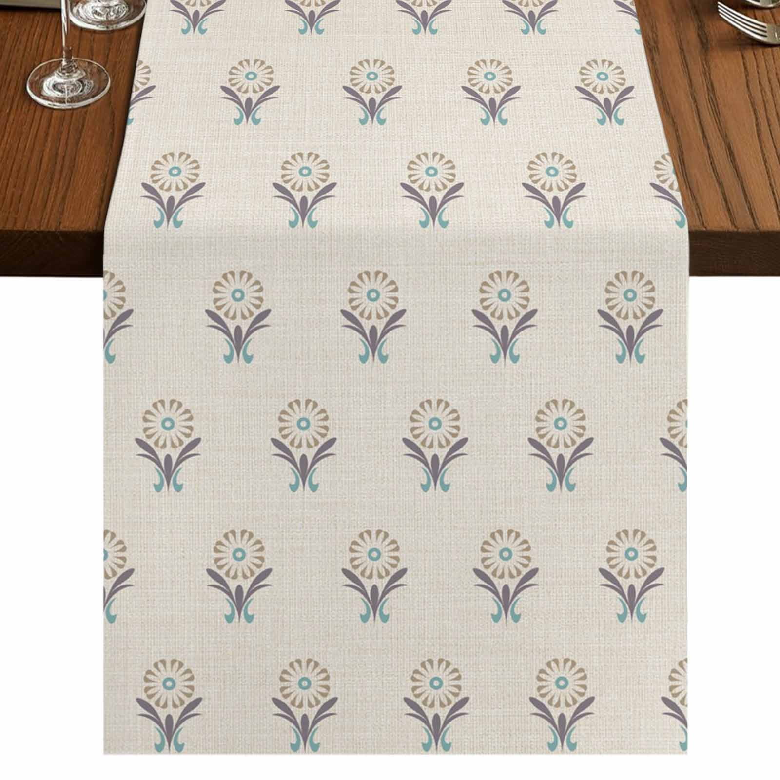 Bohemia Burlap Cotton Table Runner 13x90 Inches Long, Modern Boho Floral Plants Minimalist Abstract Beige Farmhouse Table Runners, Outdoor Dining Tablecloths Decor for Baby Shower/Party/Wedding