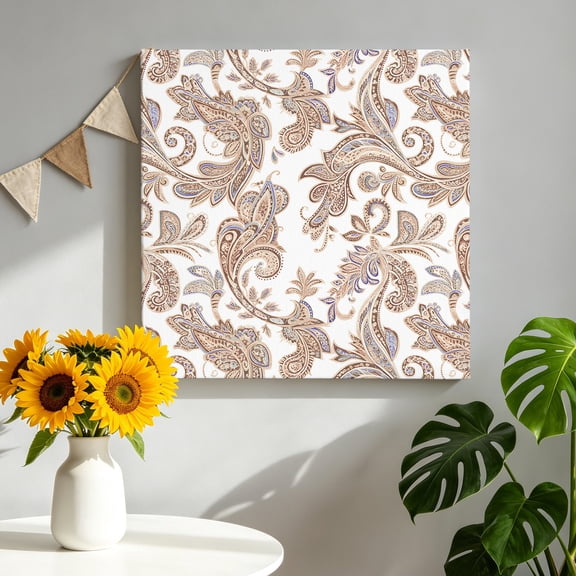 Bohemia Canvas Wall Art, Pesley Vintage Brown Flowers Leaf Texture Ethnic Art Framed Canvas Wall Decor Picture Print Artwork Decorations for Living Room Office Ready to Hang 12" x 12"