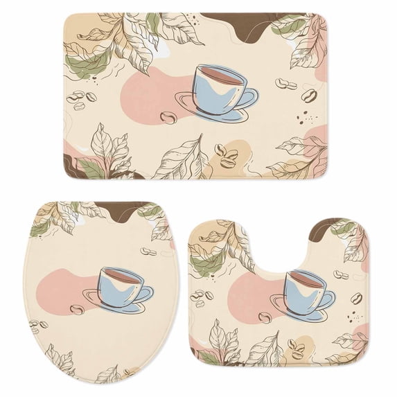 Bohemia Coffee Bathroom Rugs Set Minimalist Beige Brown Drink Leaf Farmhouses Non Slip Absorbent Soft Bath Mats 3 Piece Set with Bathroom Rug, U-Shaped Floor Mat, Toilet Seat Cover Small Size