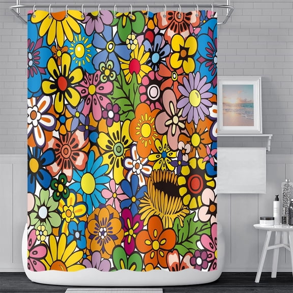 Bohemia Colorful Flowers Bathroom Shower Curtain Funky Retro Hippie 60s 70s Aesthetic Shower Curtain Washable Polyester Durable Fabric Home Shower Curtain with Hooks, 36x72 Inch