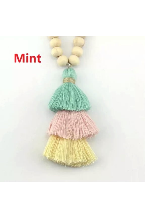 Bohemia Cotton Fringe Tassel Pendant 10mm Natural Wood Beads Long Chain Necklace