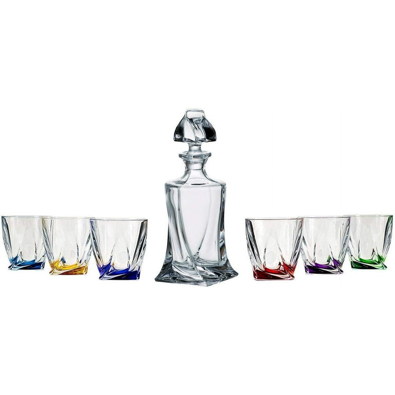 Bohemia Crystal, 28 Oz. Crystal Decanter & Six 11 Oz. Classic Whisky Scotch  Glasses with Multi Colored Base, Wedding Gift Carafe & Whiskey Tumblers,  1+6-Piece Set 