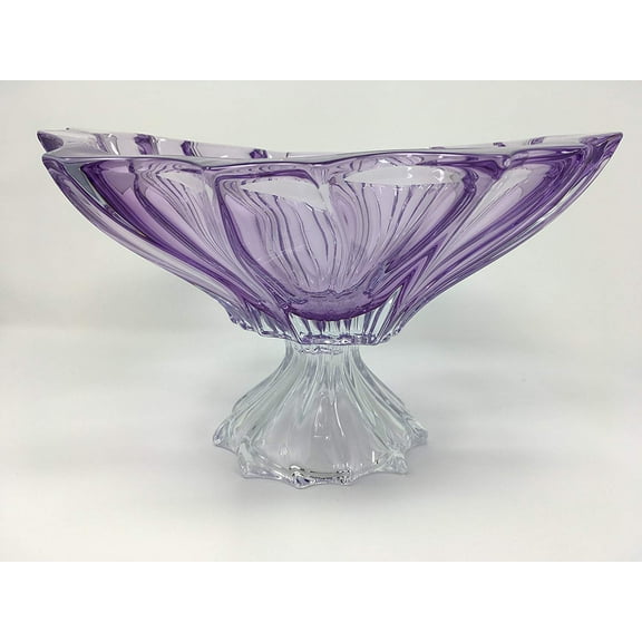 Bohemia Crystal Glass Footed Bowl - Vase, 13"Dia "Plantica" Amethyst Purple Decorative Wedding Elegant Centerpiece Vintage European Czech Design, Fruits Flowers Classic Crystal Glass,