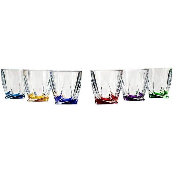 Bohemia Crystal, Six 11 Oz. Classic Whisky Scotch Glasses with Multi Colored Base, Wedding Gift Whiskey Tumblers, 6-Piece Set