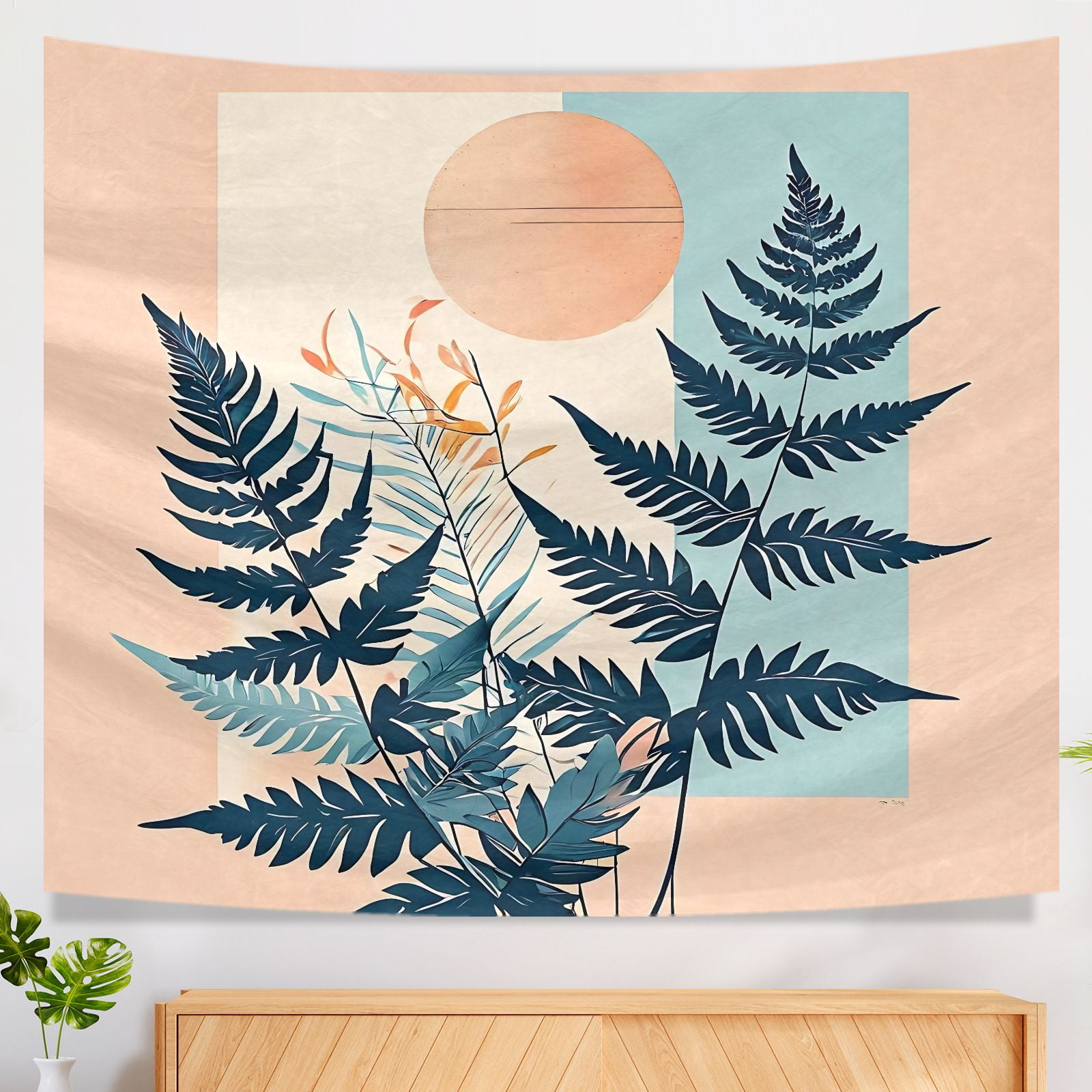 Bohemia Curves Durable Wall Tapestry Modern Plants Geometrical Aesthetic Fern Tapestry Aesthetic Boho Design Washable Home Tapestry for Bedroom Office House Living Room Dorm Decoration 51x59 Inch Walm...