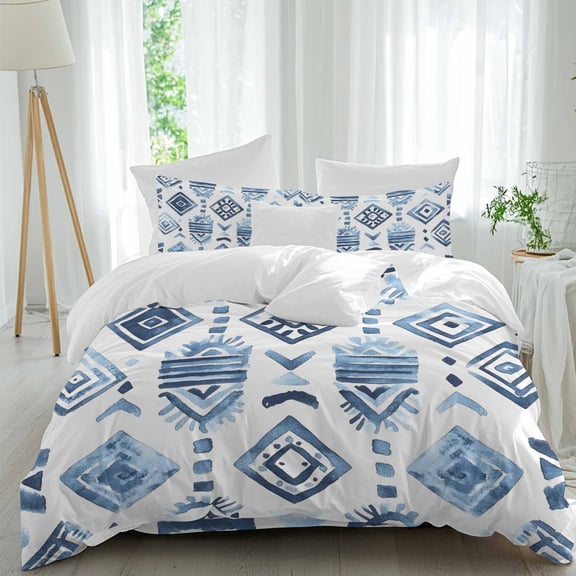 Bohemia Duvet Cover Set Queen Size Blue Argyle Abstract Geometric Texture Ethnic Style Soft Lightweight Comforter Covers 4 Piece Bedding Set with 1 Duvet Cover 1 Bed Sheet & 2 Pillow Shams