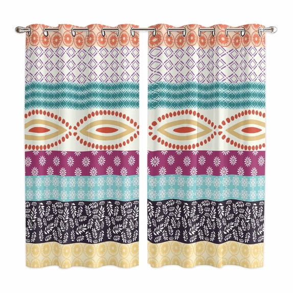 Bohemia Ethnic Kitchen Curtains Window Panels, Boho Tribal Teal Orange Purple Stripes Leaves Insulated Window Treatment Curtain, Grommet Curtains for Bedroom/Living Room/Bathroom, 2 Piece 52"Wx84"L