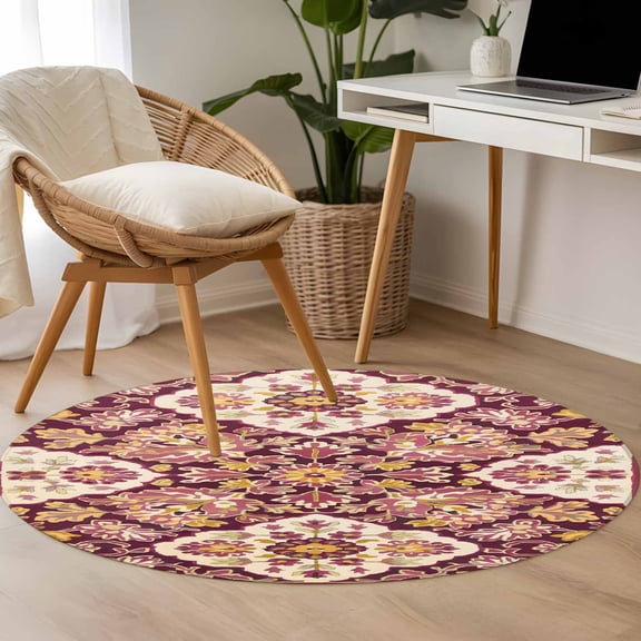 Bohemia Ethnic Style 3.3ft Round Rug for Bedroom Reading Corner, Retro Southwest Pattern Red Washable Non Slip Circle Area Rug
