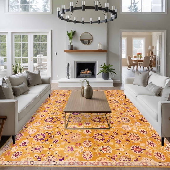 Bohemia Ethnic Style 8x10 Area Rug for Living Room Sectional Sofa, Retro Orange Southwest Pattern Washable Non Slip Large Rectangle Area Rug