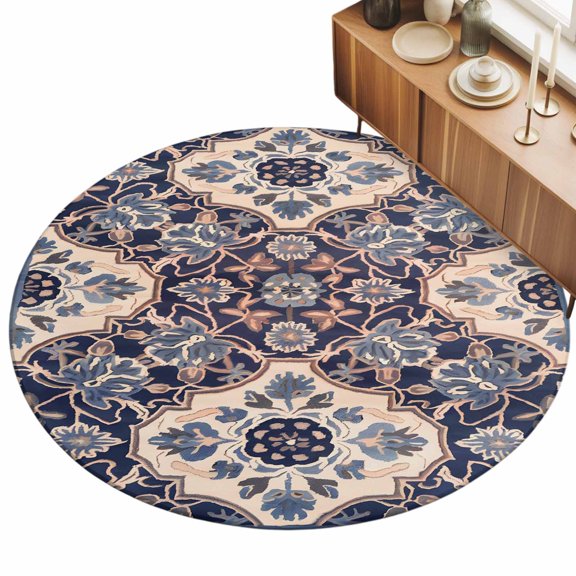 Bohemia Ethnic Style Area Rug, Retro Blue Southwest Pattern Non-Slip Felt Rubber Backing Round Indoor Carpet Washable Rugs for Living Room Bedroom 5ft