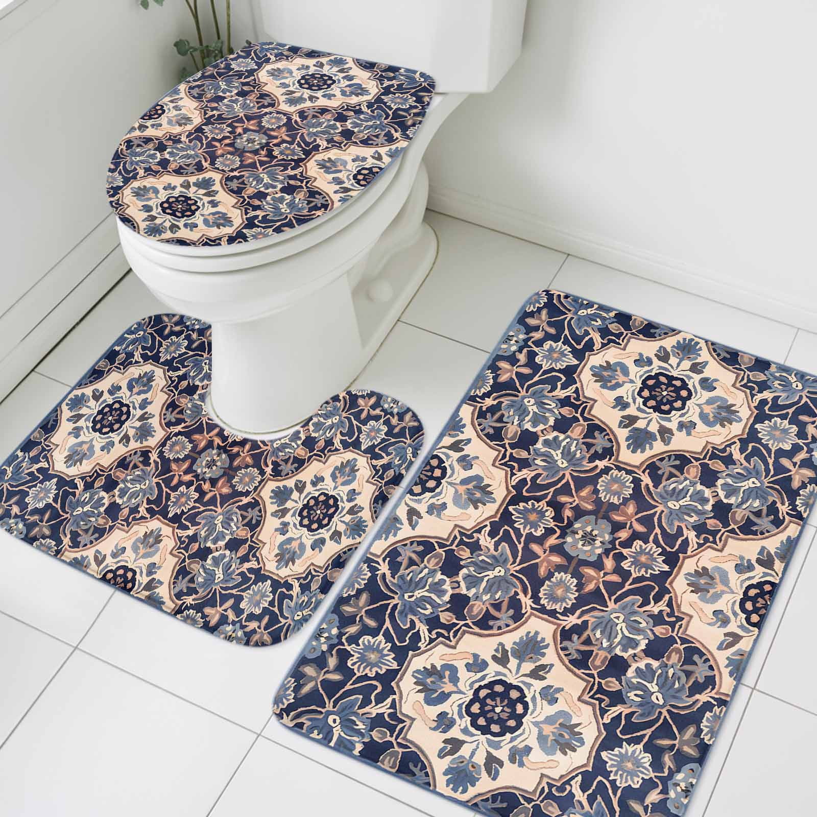 Bohemia Ethnic Style Bathroom Rugs Set Retro Blue Southwest Pattern Non ...