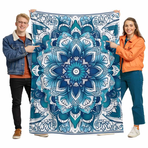 Bohemia Ethnic Style Flannel Blanket for Bed,Travel and Camping, Abstract Blue Tribal Flowers Super Soft Cozy Blanket for All Seasons 32"x48"