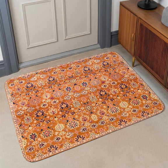 Bohemia Ethnic Style Front Door Mat Indoor Entrance, Retro Pattern Orange Southwest Absorbent Dirt Resist Welcome Mats Non-Slip Low-Profile Doormat Washable Entry Rug Indoor Outdoor 17x30 Inch
