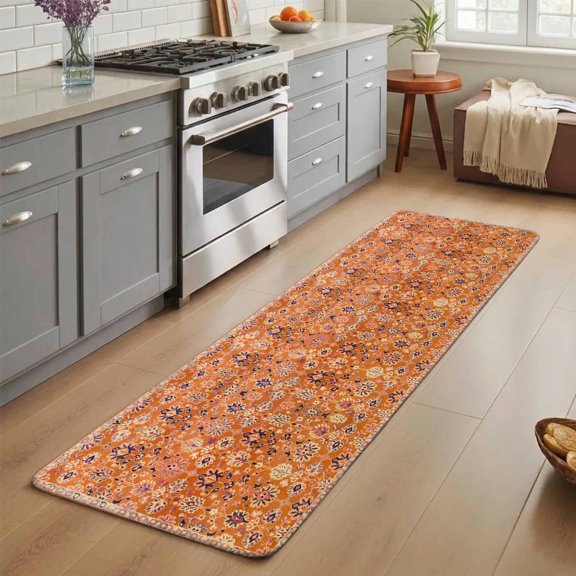 Bohemia Ethnic Style Washable Runner Rug 2X5 ft Retro Pattern Orange Southwest Non-Slip Hallway Runner Rug, Linen Kitchen Runner Mats, Indoor Floor Carpet for Entryway Bathroom Bedroom Living Room