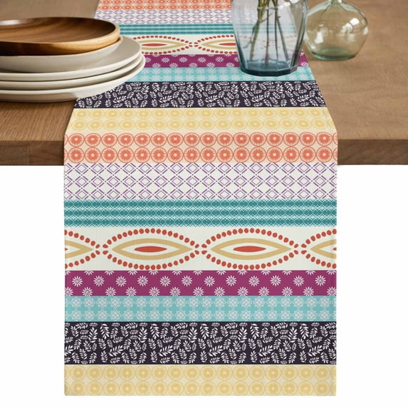 Bohemia Ethnic Table Runner 60 Inches, Boho Tribal Teal Orange Purple Stripes Leaves Bed Runner Dresser Scarves Tabletop for Indoor Outdoor Parties/Ceremony/Banquet, 13" x 60"