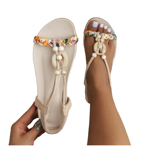 Bohemia Flat Sandals for Women 2025 Summer Beach Colorful Braided T-Strap Casual Slingback Sandals