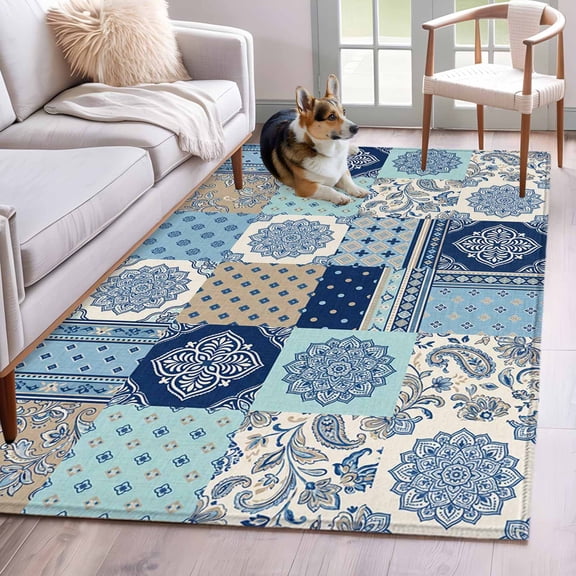 Bohemia Floral 3'x5' Washable Rug, Retro Mediterranean Texture Patchwork Blue Non-Slip Area Rugs for Entryway Kitchen Classroom, StainResistant Dorm Throw Carpet, Low Pile Soft Indoor Floor Mat
