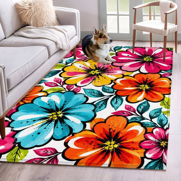 Bohemia Floral Area Rug 4'x6', Summer Abstract Flower Blossom Leaf Watercolor Washable Non-Slip Rugs, Low Pile Large Carpet for Living Room Bedroom Dining Room Kitchen Office Indoor Mat