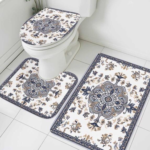 Bohemia Floral Bathroom Rugs Set Blue Retro Boho Ethnic Farmhouse Flower Pattern Non Slip Absorbent Soft Bath Mats 3 Piece Set with Bathroom Rug, U-Shaped Floor Mat, Toilet Seat Cover Small Size