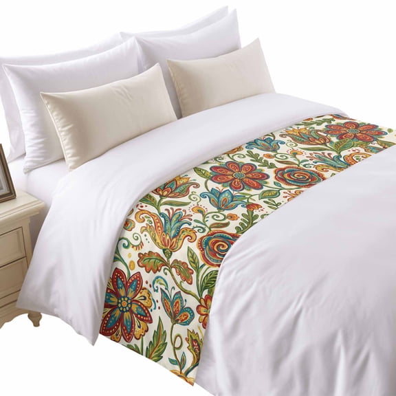 Bohemia Floral Bed Runner for Queen Size Bed, Vintage Pesley Blue Flowers Leaf Plant Pattern Soft Bedding Scarf Bedding Protector Slipcover Sofa Throw for Bedroom Hotel Guesthouse