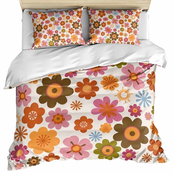 Bohemia Floral Bedding 3 Piece Duvet Cover Set Full Size, Vintage Orange Pink Flowers Boho Style Beige Microfiber Comforter Cover with Zipper Closure & Pillowcases, FadeResistant Quilt Cover