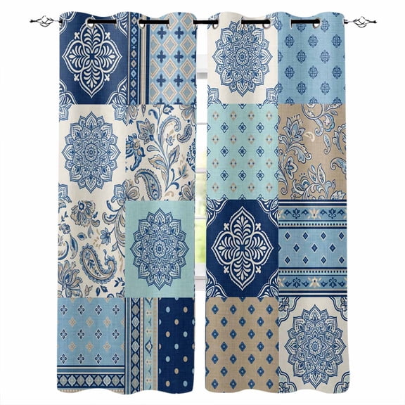Bohemia Floral Blackout Curtains 39 Inches Long, Retro Mediterranean Texture Patchwork Blue Thermal Insulated Black Out Curtains, Short Darken Window Curtain for Cafe Bedroom 27.5"x39" 2 Panels