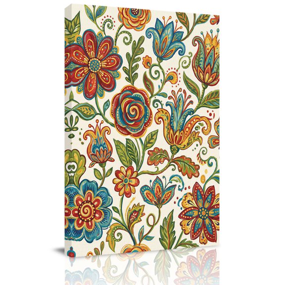 Bohemia Floral Canvas Wall Art for Living Room, Vintage Pesley Blue Flowers Leaf Plant Pattern Poster Print Painting for Bedroom Office Home Decoration Wall Pictures Prepare To Hang 24"x36"