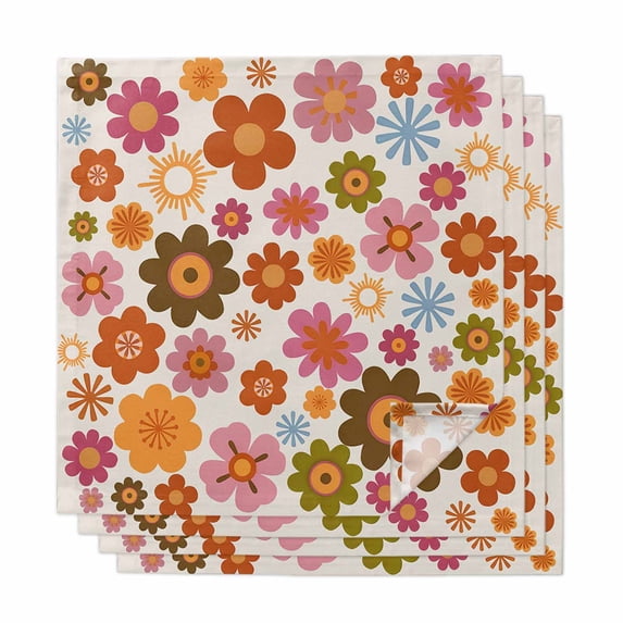 Bohemia Floral Cloth Napkins, Vintage Orange Pink Flowers Boho Style Beige Washable and Reusable Dinner Napkins Set of 4, Table Napkin for Kitchen Party Birthday Wedding Hotel Housewarming 20"x20"
