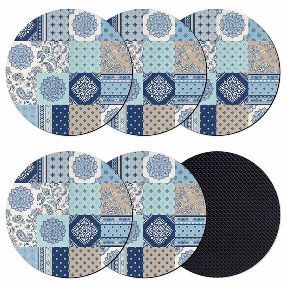 Bohemia Floral Coasters Set of 6, Absorbent Coasters for Drinks, Retro Mediterranean Texture Patchwork Blue Coaster for Desk Coffee Table Protection, Home Decor House Warming Gifts 4"