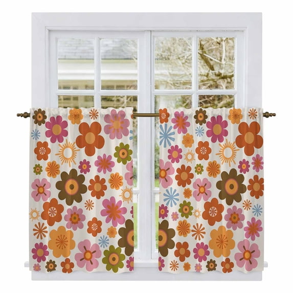 Bohemia Floral Kitchen Curtains 54 Inch Length, Vintage Orange Pink Flowers Boho Style Beige Tiers Curtains for Bathroom Bedroom Cafe, Light Filtering Small Window Treatment Drapes 2 Panels 42"Wx54"L
