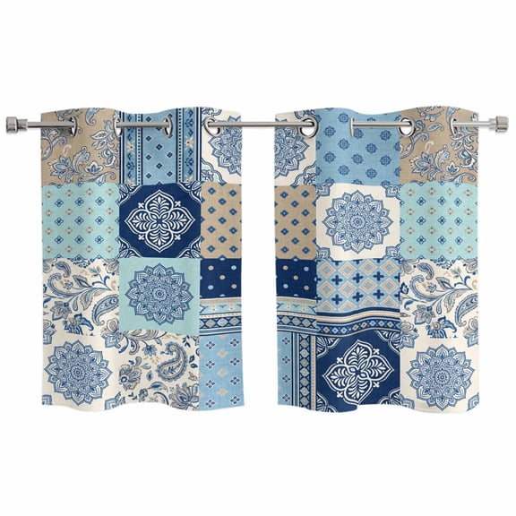 Bohemia Floral Kitchen Curtains Window Panels, Retro Mediterranean Texture Patchwork Blue Insulated Window Treatment Curtain, Grommet Curtains for Bedroom/Living Room/Bathroom, 2 Piece 27.5"Wx39"L