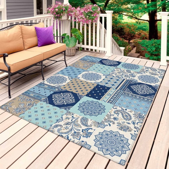 Bohemia Floral Outdoor Rug 4x6 Ft, Non Slip Washable Area Rug, Retro Mediterranean Texture Patchwork Blue Patio Rugs Carpet Runner, Large Floor Mat for Indoor/Outdoor Deck Porch Camping