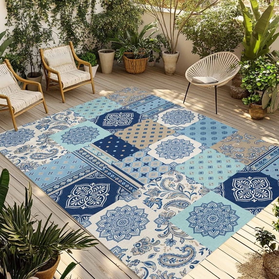 Bohemia Floral Outdoor Rug for Patio/Deck/Porch, Non-Slip Large Area Rug 4 x 6 Ft, Retro Mediterranean Texture Patchwork Blue Indoor Outdoor Rugs Washable Area Rugs, Camping Rug Carpet Runner