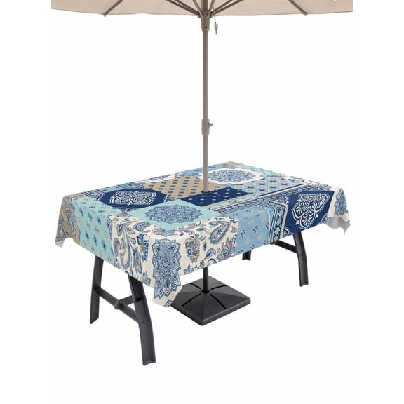 Bohemia Floral Outdoor Tablecloth - 54x80 Inch Rectangle Dining Table Cover, Retro Mediterranean Texture Patchwork Blue Waterproof Outdoor Table Cloth with Umbrella Hole & Zipper for Picnic/Patio